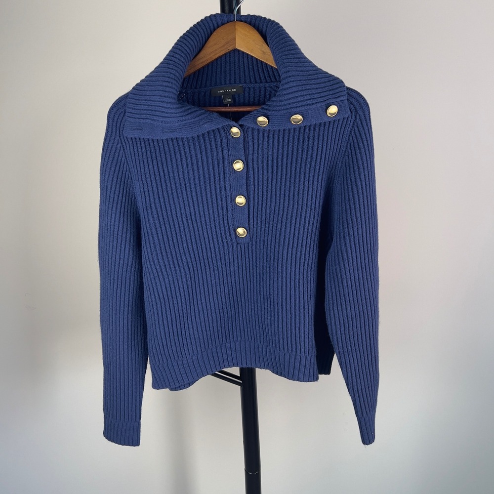 Ann Taylor Navy Blue Ribbed Gold Button Collar Sweater LP Petite NWT 38027192